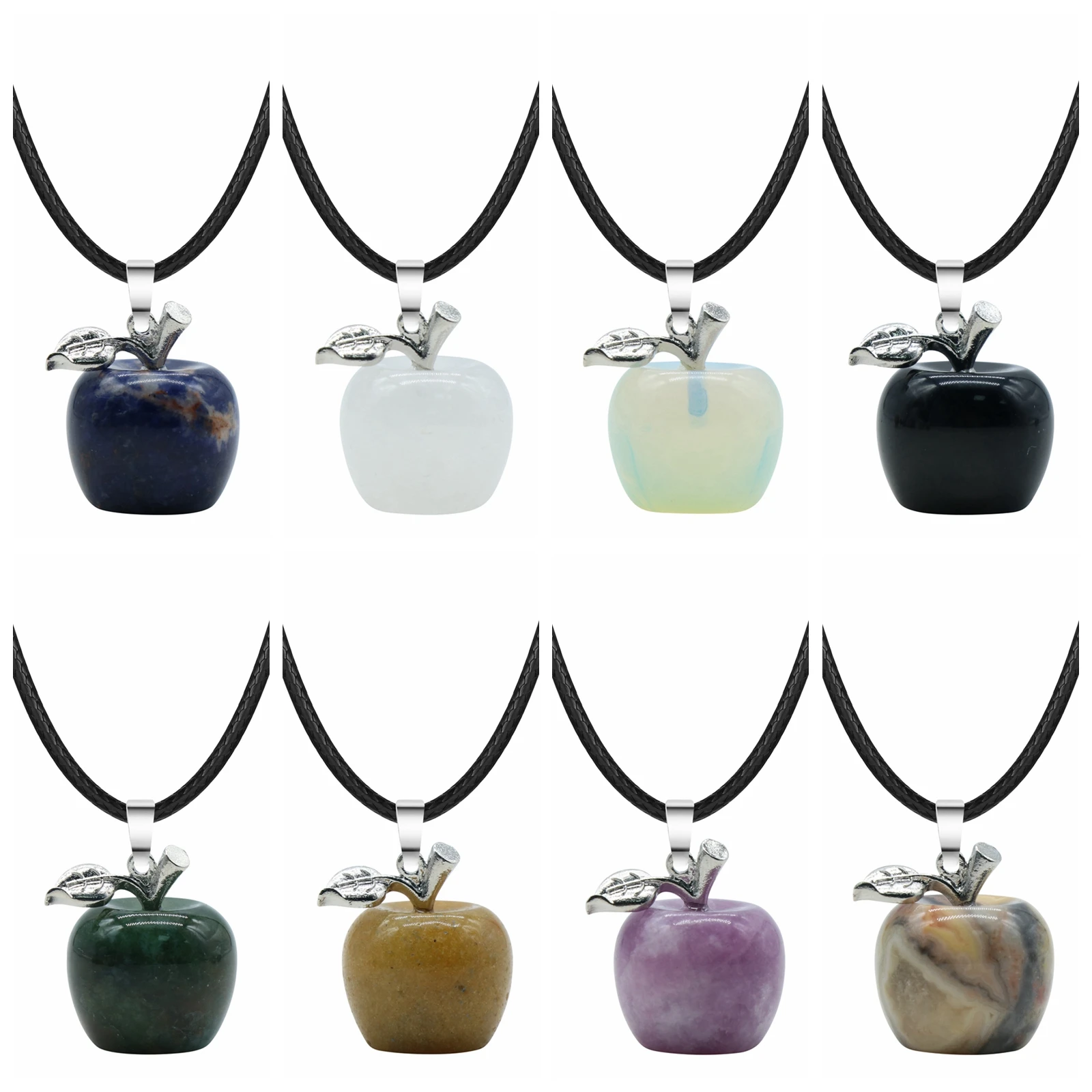 

20MM 3D Gemstone Apple Shape Pendant Necklace Silver Metal Leaf Crystal Apples Choker Jewelry with 45CM Black Cord