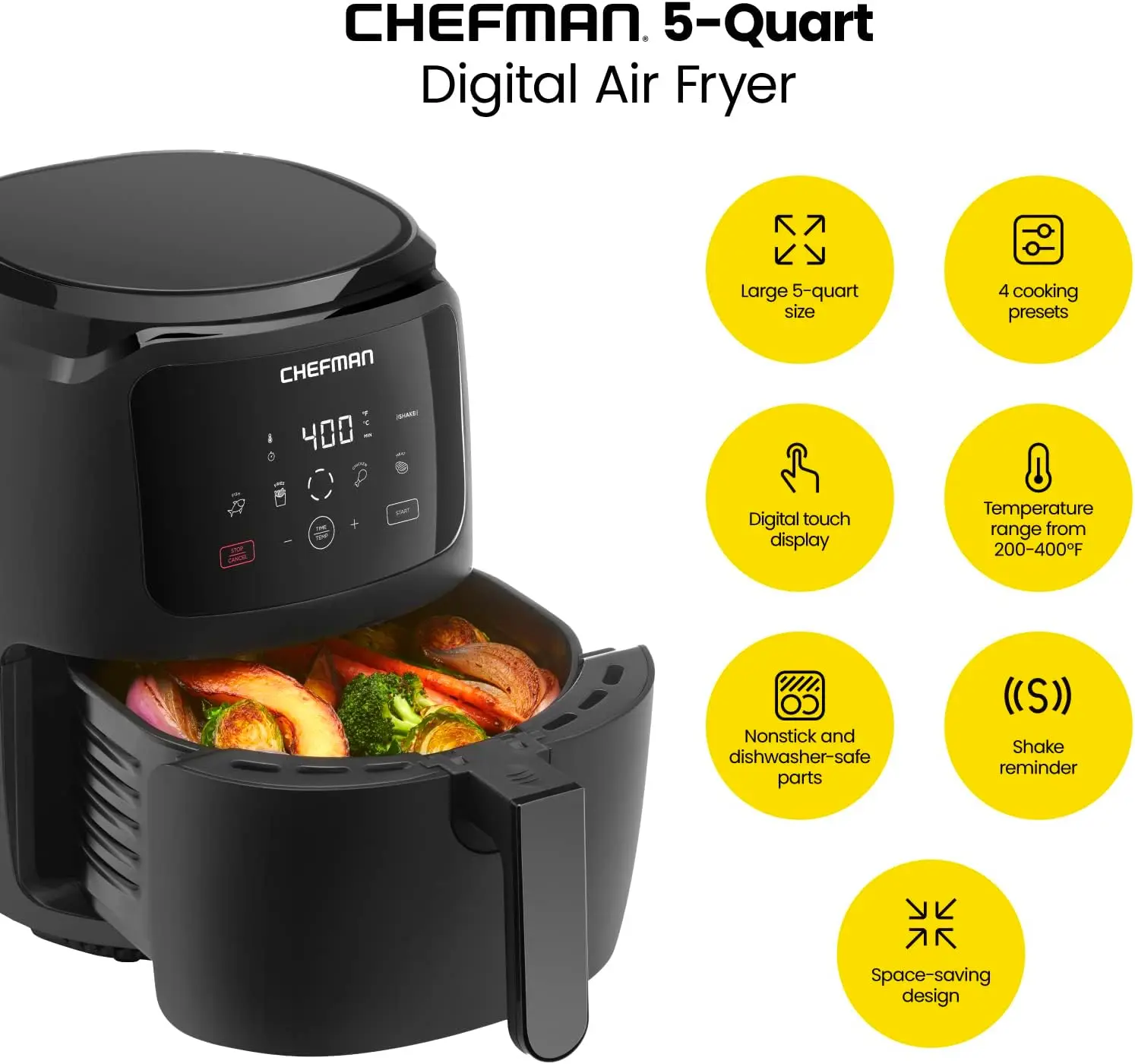 Digital Air Fryer, Large 5 Qt Family Size, One Touch Digital Control Presets,  Nonstick Dishwasher-Safe Parts,  Black