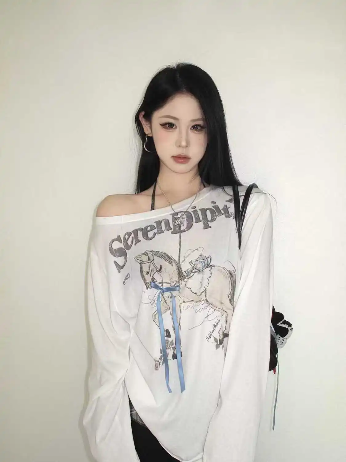 

Loose Long Sleeve T-Shirt Oversized Early Spring Sun Protection American Retro Print Shoulder Print Lazy Top Women's Fashion