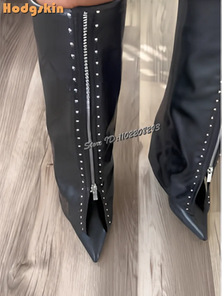 

Sexy Metal Zipper Stiletto Boots Rivet Pointed Toe High Heel Slip-on Knee-high Boots 2025 Autumn Women's Fashion Modern Shoes