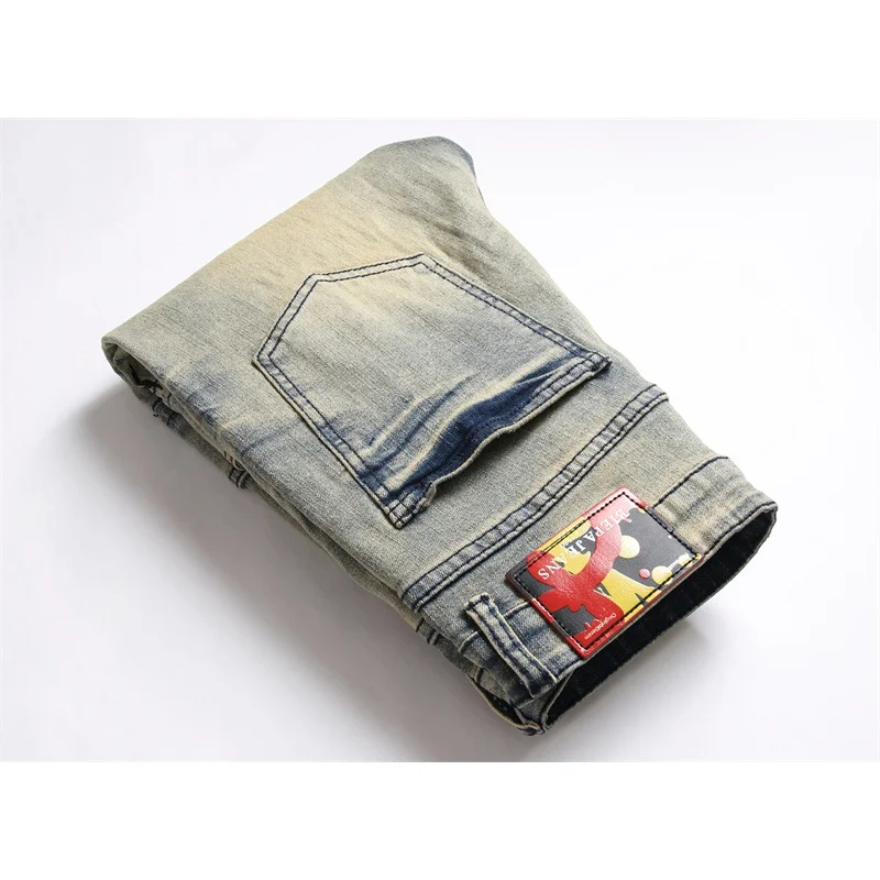 American-style printed multi-pocket vintage jeans men's slim-fitting small straight stretch nostalgic washed high-end trousers