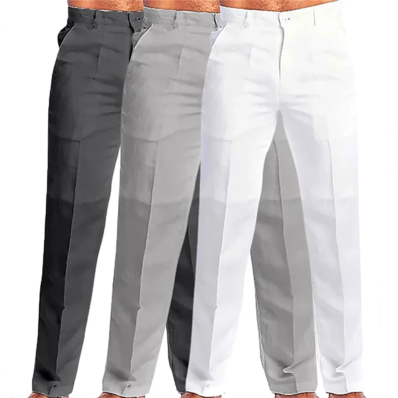 

Men Casual Pants Solid Color Cotton Linen Pants Diagonal Pocket Mid Waist Straight Pant Male Breathable Work Trousers Streetwear