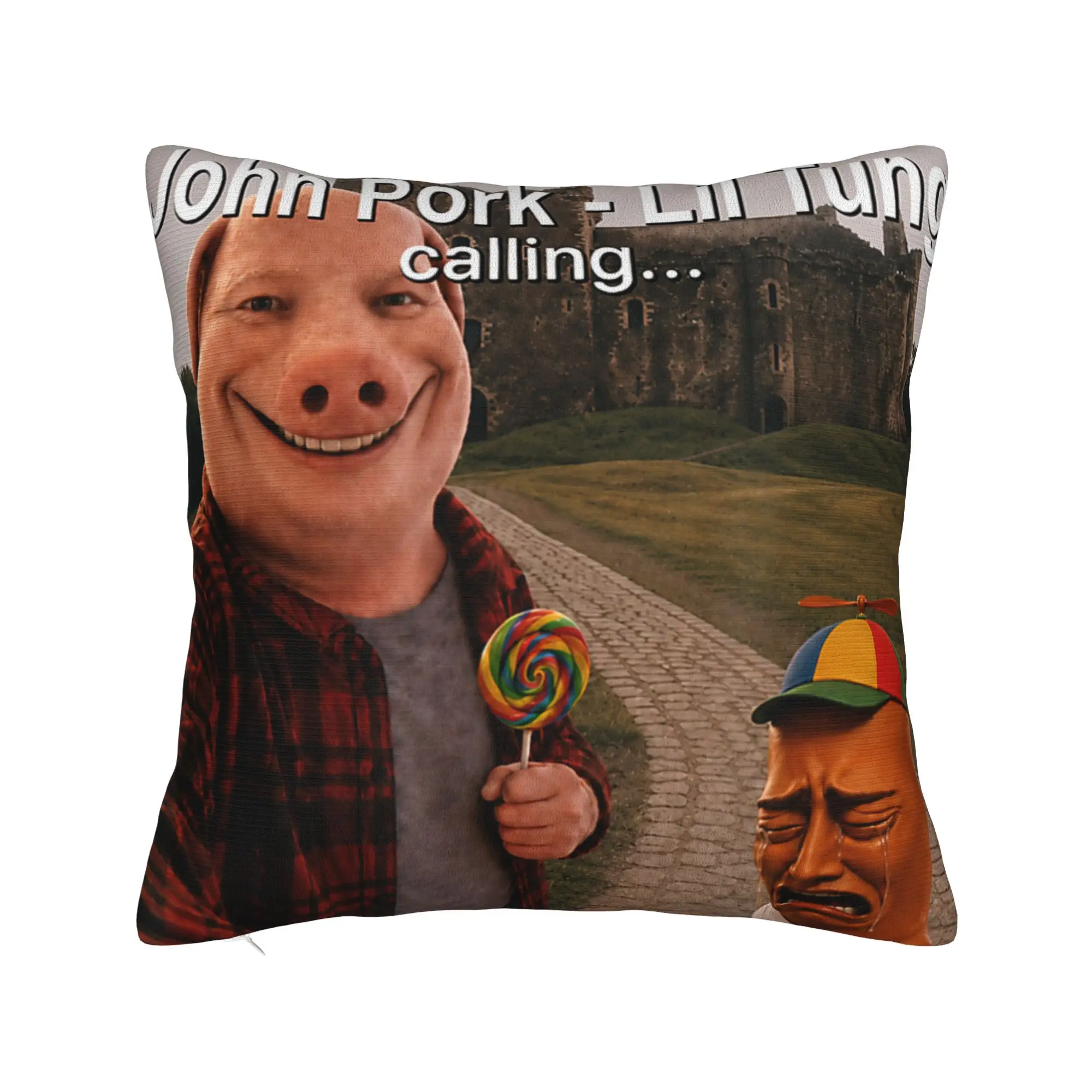 Lil Bro Tung Tung Sahur John Pork is Calling Brainrot Meme Pillow Case Pillow Cover Morden Pillowcases For Living Room Chair