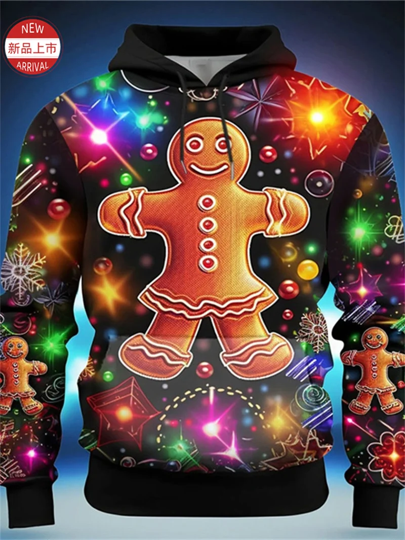 3d Printed Fashion Merry Christmas Hoodies Christmas Gingerbread Color Lights Graphic Hooded Sweatshirts Mens Clothing Pullover