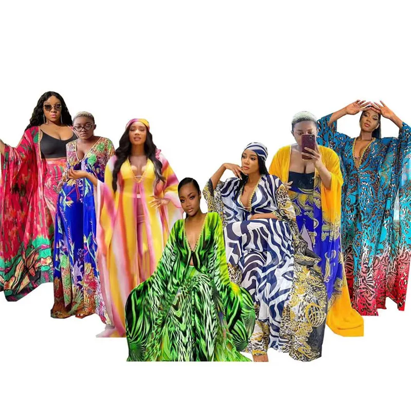 

New Fashion African Robe Dress Chiffon Dashiki Kaftan Print Abaya And Long Pants Two Piece Pantsuit Women Party Gown Beachwear