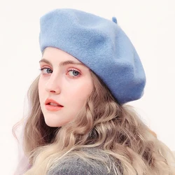 Boina de lana para mujer, gorro francés de fieltro cálido, Color sólido, moda de otoño e invierno