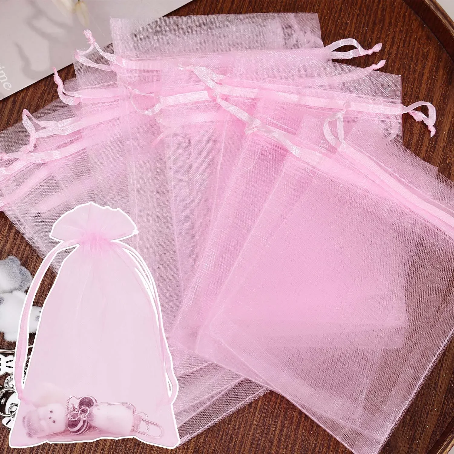 Pink Mesh Organza Drawstring Bags for Jewelry Gift Packaging Small Pouches Earring Wedding Party Favor Candy Storage Bags Decor