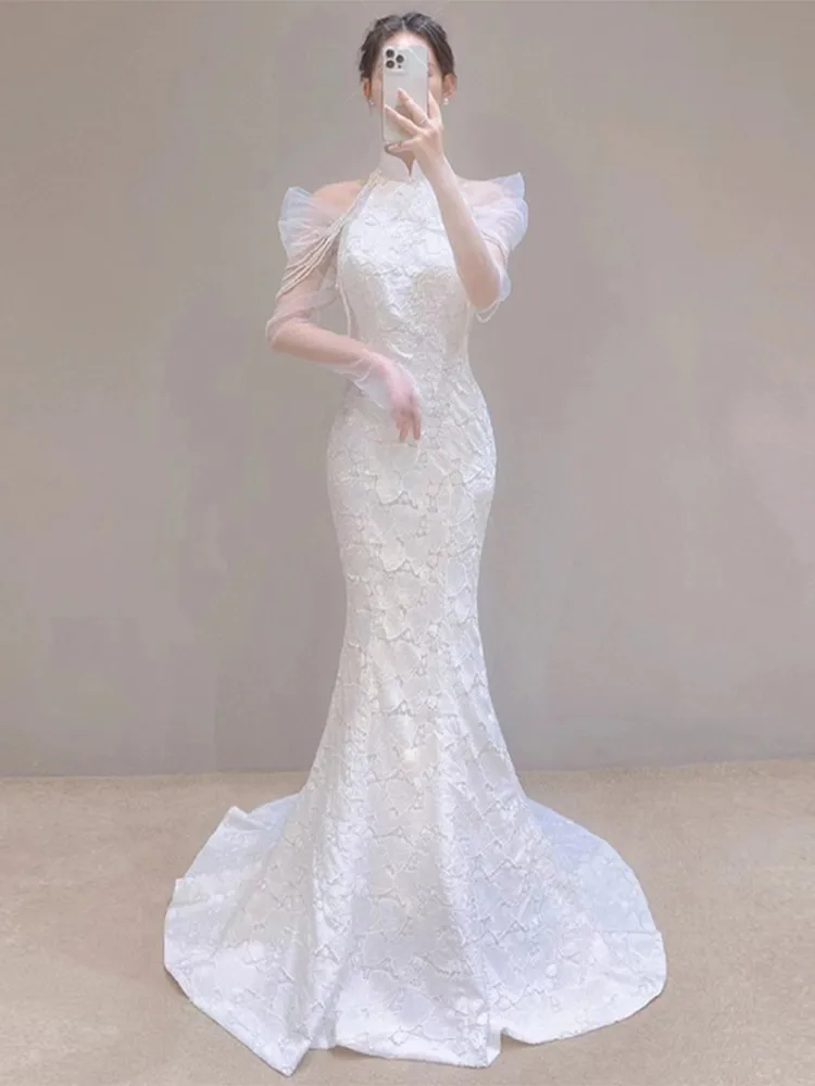 Bridal Chinese Style Morning Gowns Women's Wedding Veil White Fishtail Light Luxury Dress Improved Cheongsam Lace