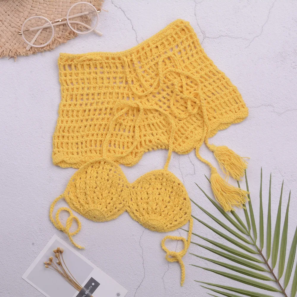 Hot Selling Handmade Hooked Woven Children's Swimwear Beach Bikini Hollow Strap Split Set