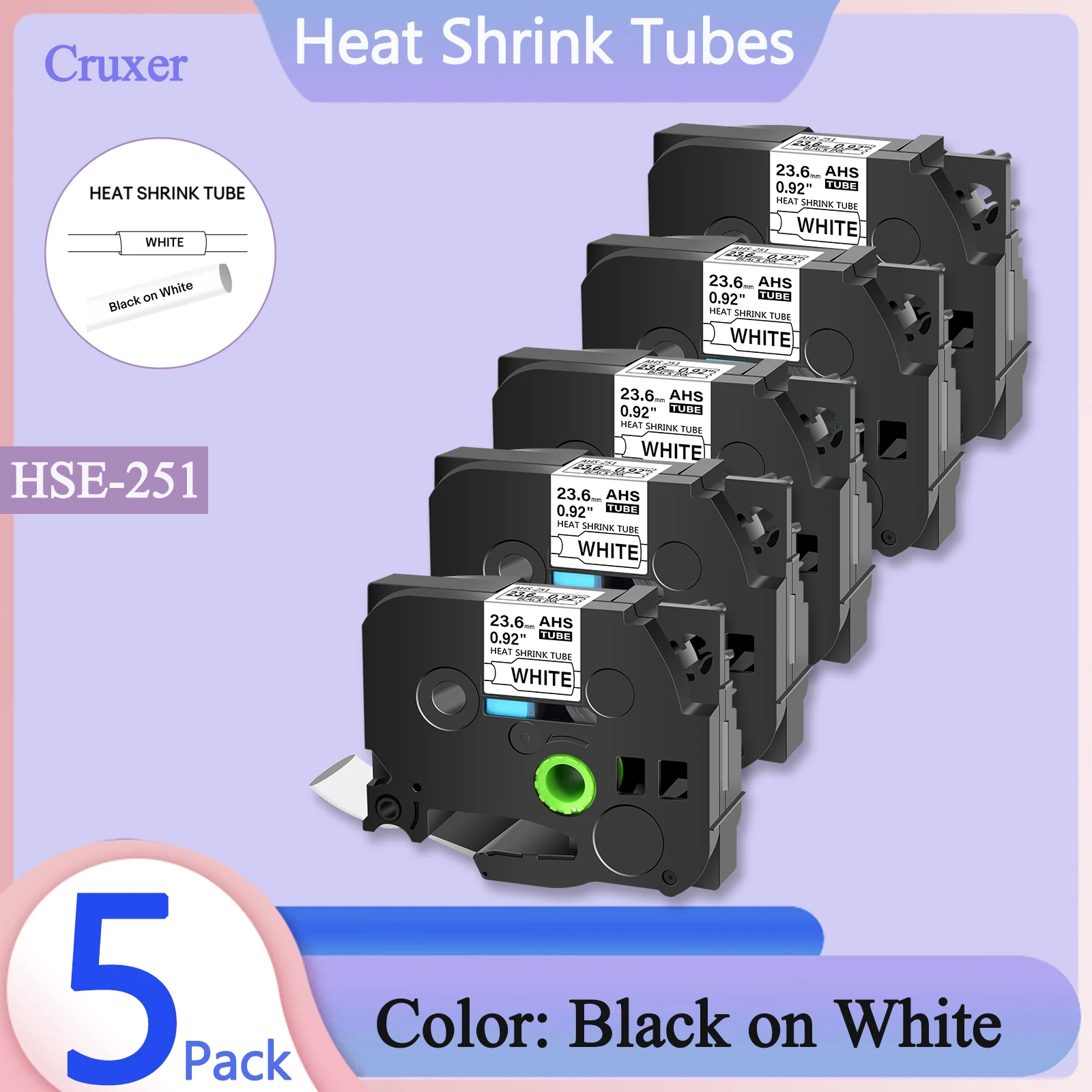 

5PK Heat Shrink Tubes 23.6mm Compatible Brother Hse-251 Label Tape Black on White Cartridge Cassette For P-Touch Label Printers