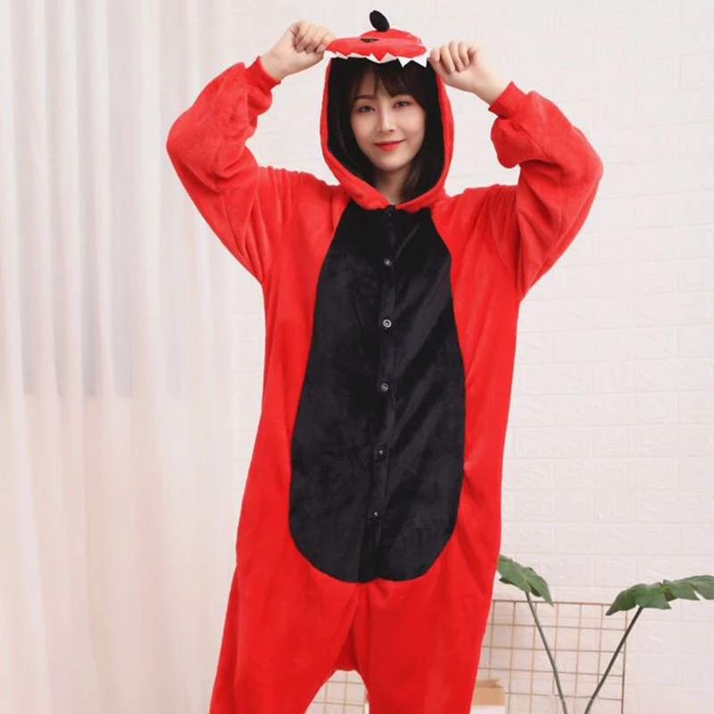 Red Dragon Hooded Flannel One-piece pajamas Cartoon Button Onesie Couple Sleepwear Comfortable Leisure wear Halloween Cosplay