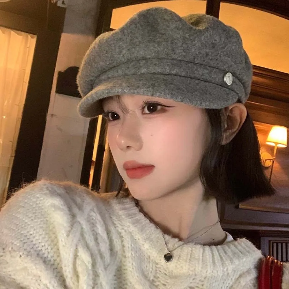 

Simple Solid Color Wool Beret Cap Dome British Style Female Painter Cap Big Head Circumference Knitted Women Artist Hat Girls