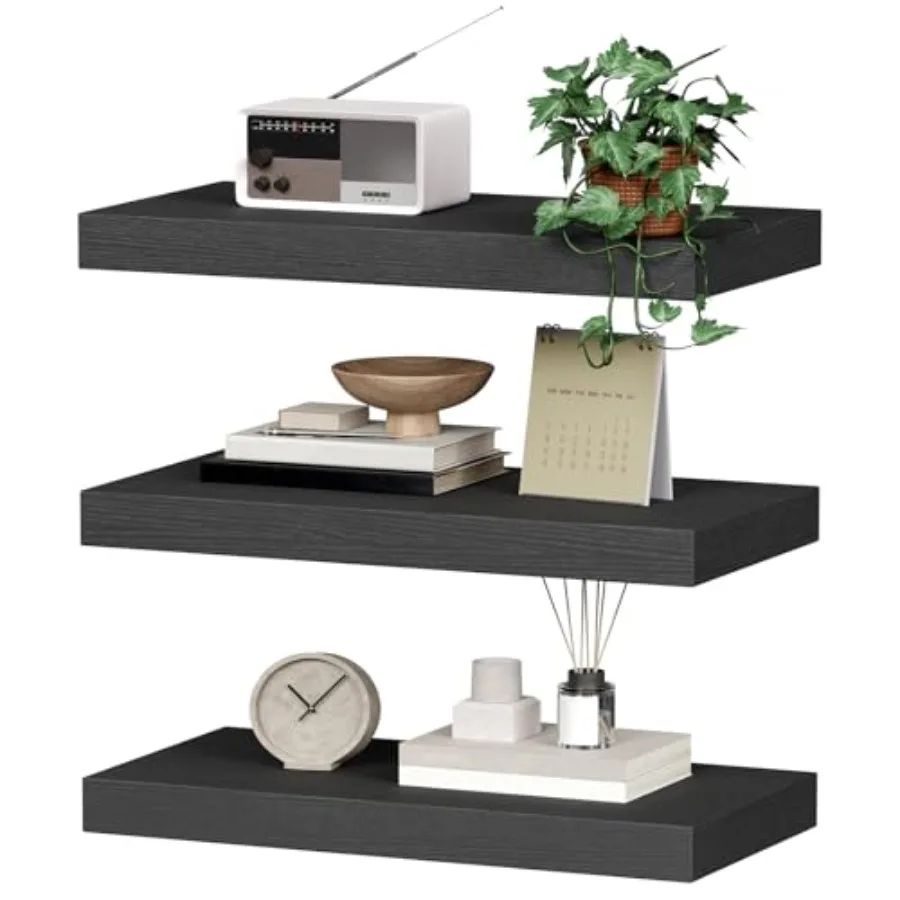 

Floating Shelves for Wall 1.5 Thick Set of 3 with Invisible Brackets Hanging Book Shelves in Black for Bathroom Living Room Bed