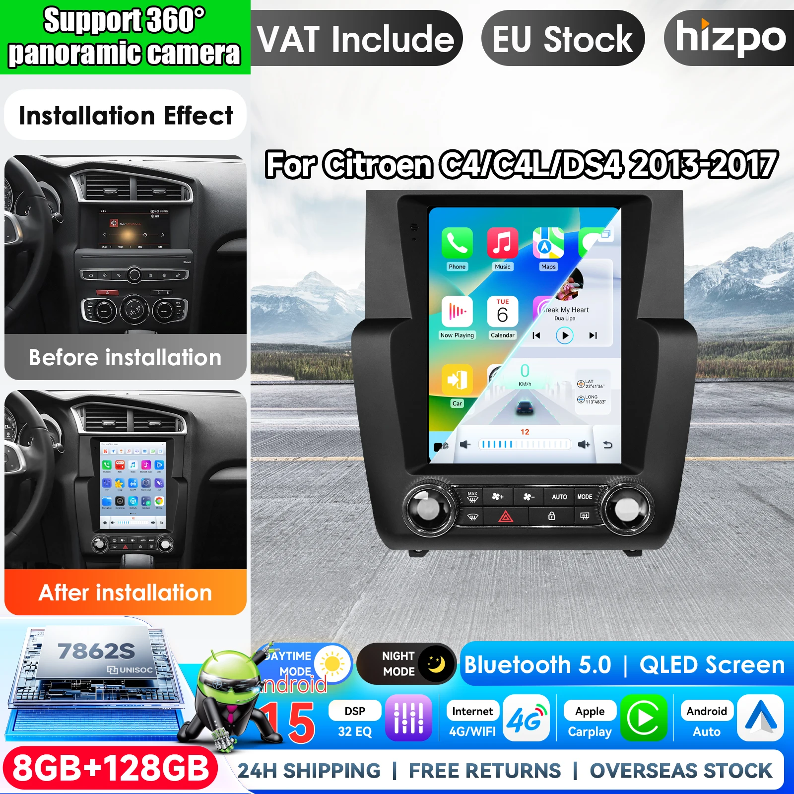 Hizpo 9,7 pollici, autoradio in stile Tesla per Citroen C4, C4L, DS4 (2013-2017), Android Auto, 4G, CarPlay wireless, lettore multimediale DSP, autoradio stereo 2DIN, navigazione GPS, sistema AI