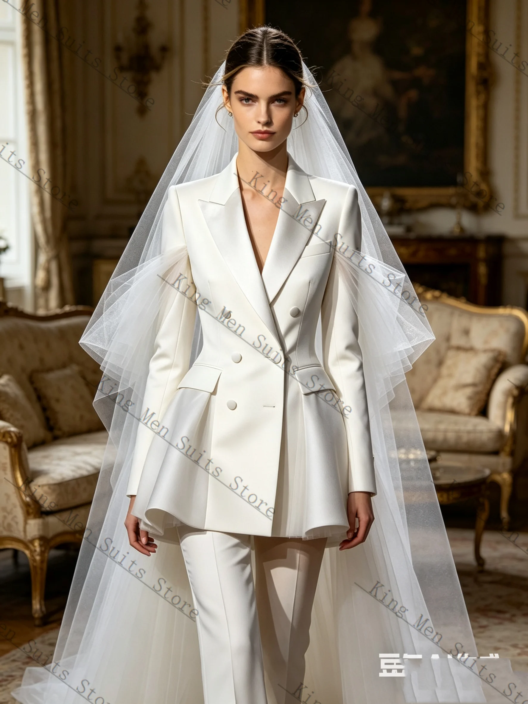 

White Women Suit Set 2 Pcs Blazer Pants Trousers Pluffy Hem Customized Formal Office Wedding Tuxedos Coat Jacket