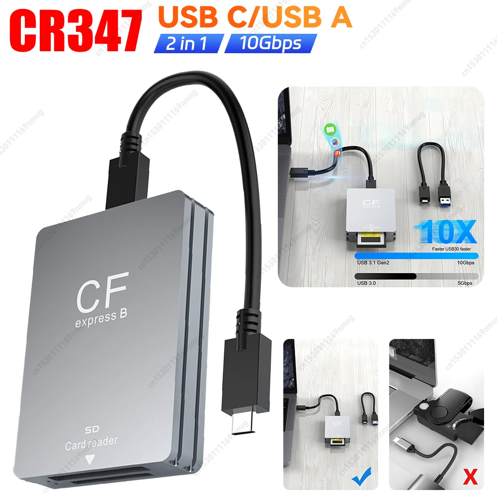 

2 in 1 CFexpress Type B SD Card Reader Portable CF Express Reader USB 3.2 10Gbps Dual-Slot with USB C To USB C/A Cable for SLR