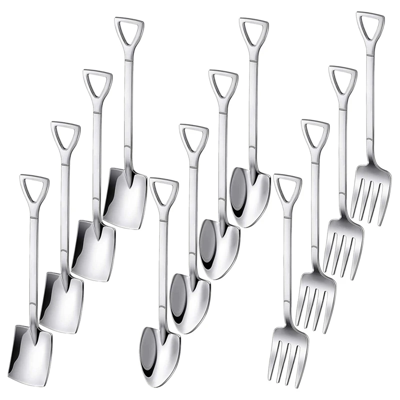 12PCS Dessert Spoons And Forks Set Kit Shovel Shape Ice Cream Spoons Kit Mini Shovel Spoons For Coffee Yogurt Cake Fruit