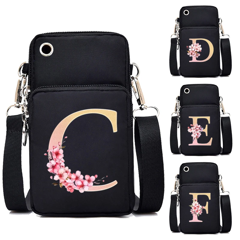 26 Floral Alphabet Shoulder Bag Nylon Women Mobile Phone Bag Mini Female Messenger Purse Lady Wallet Small CrossBody Bag Women