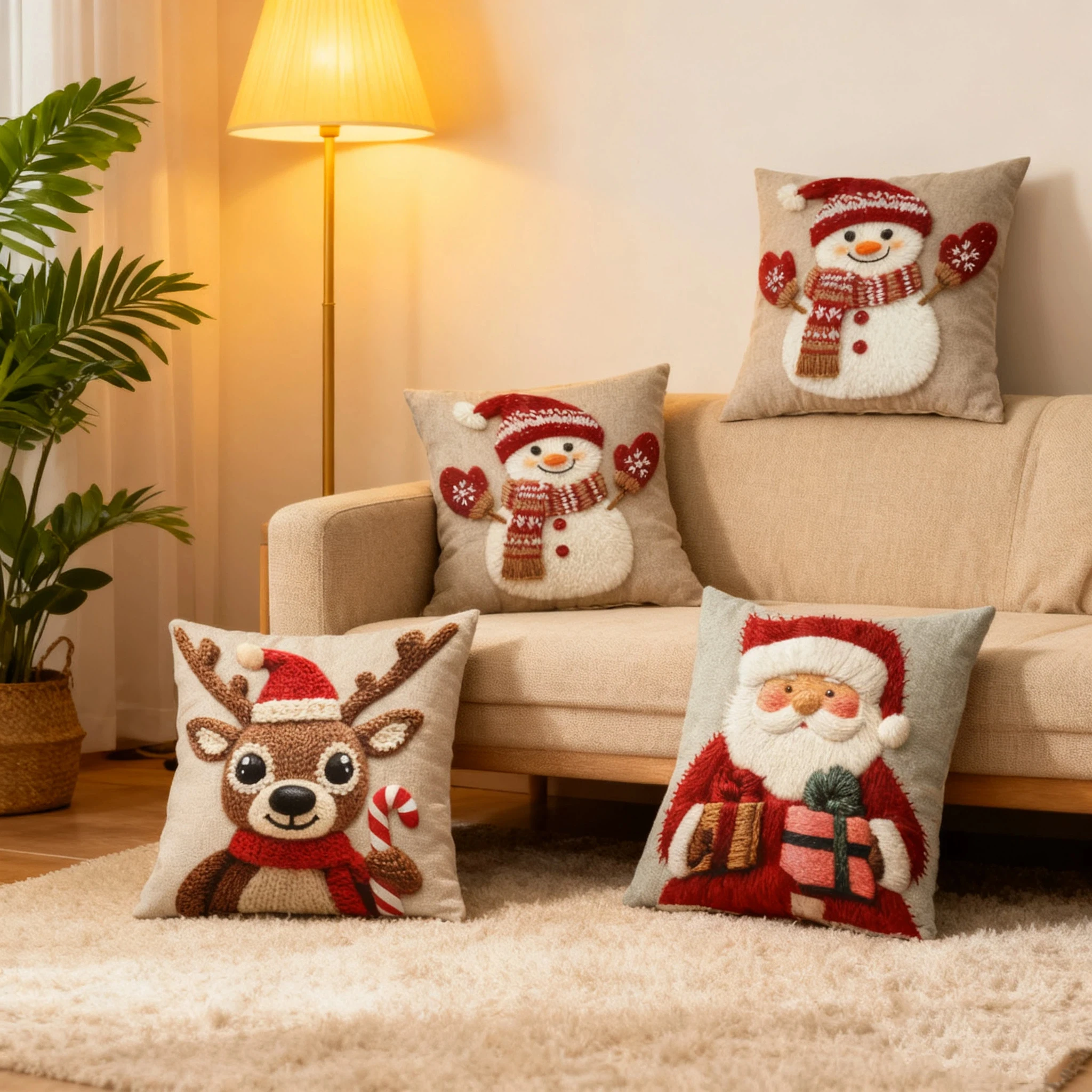 45cm Grey Red Christmas Pillowcase Cute Cartoon-style Imitation Embroidery Linen Printed Sofa Pillowcase For Holiday Decoration