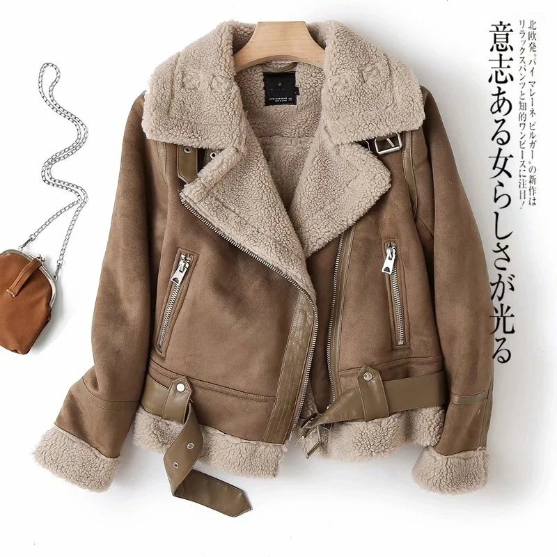 

Short Motorcycle Brown Leather Coats Winter Lady Faux Shearling Sheepskin Fake Leather Jackets Women Thick Warm Suede Lambs