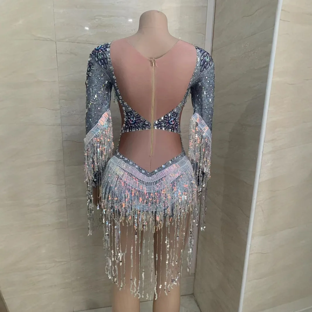 Costume Silver Sequins Tassel Diamond Unique Design Women's Clothing Long Sleeves Loose Robe De Soirée Femmes Robes Bal De Promo