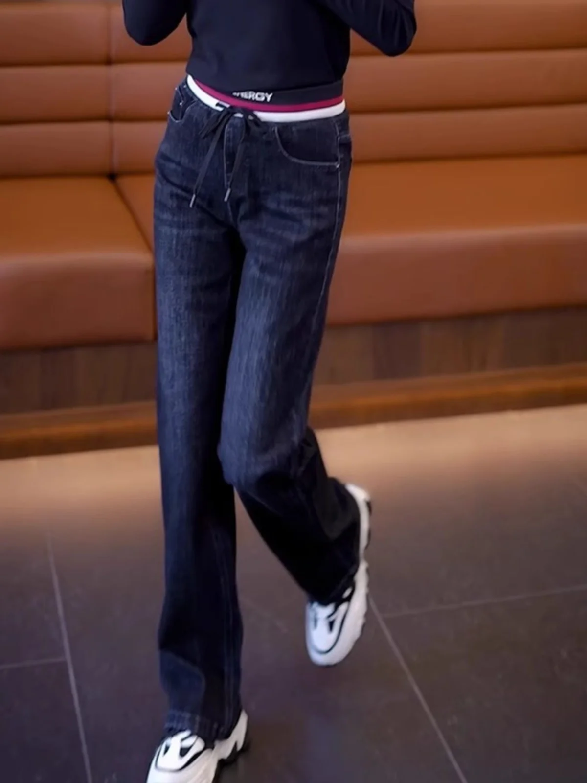 

High Waist Elastic Waist Denim Wide Leg Pants Women's Casual Loose Slimming Small Size Straight Tube Pants Autumn New Arrival