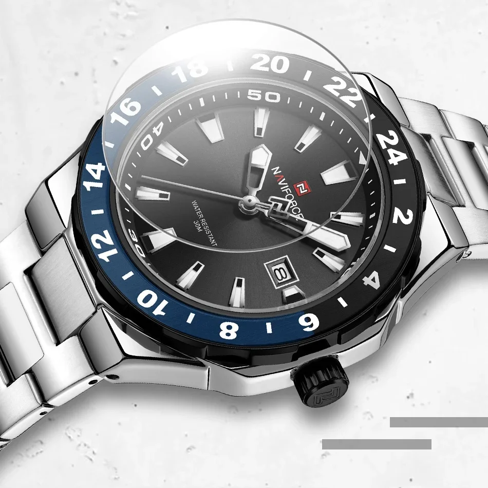 NAVIFORCE 高級スポーツクォーツ時計発光カレンダー腕時計男性用ステンレス鋼防水腕時計レロジオ Masculino