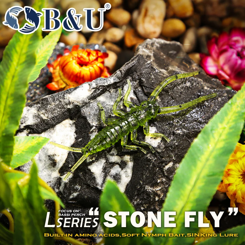 Señuelos Blandos B&U Stone Fly, Señuelos de Ninfas de Plástico Suave con Diseño Realista, Señuelos de Pesca de Agua Dulce para Lubina, Trucha y Perca