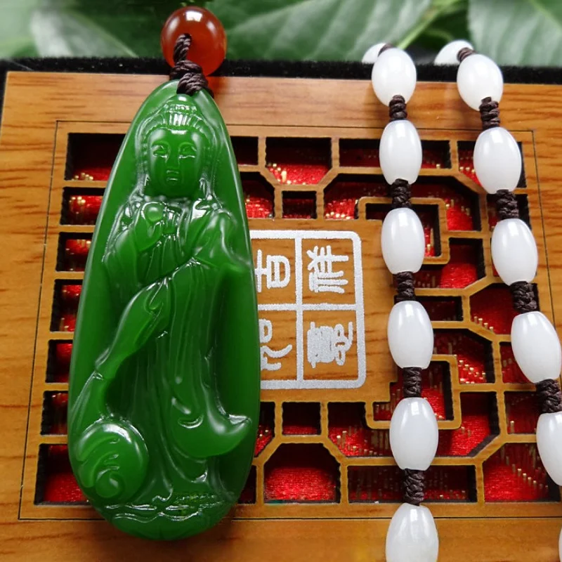 Hetian Jade Jasper Color Guanyin Pendant, Boutique Men's and Women's Spinach Green Jade Guanyin Pendant