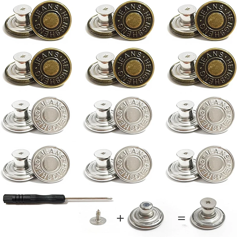 12Pcs Jean Buttons Set with Screwdriver 17mm No Sew Adjustable Jeans Buttons Replacement Stainless Steel Bottons Kit for Jeans