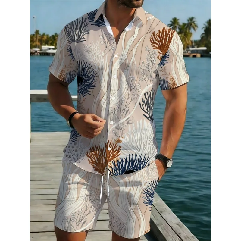 Summer Men Two Piece Printed Shirt Shorts Set Quick Dry Lightweight Comfortable Beach Resort Swim Pool Vacation Travel Matching