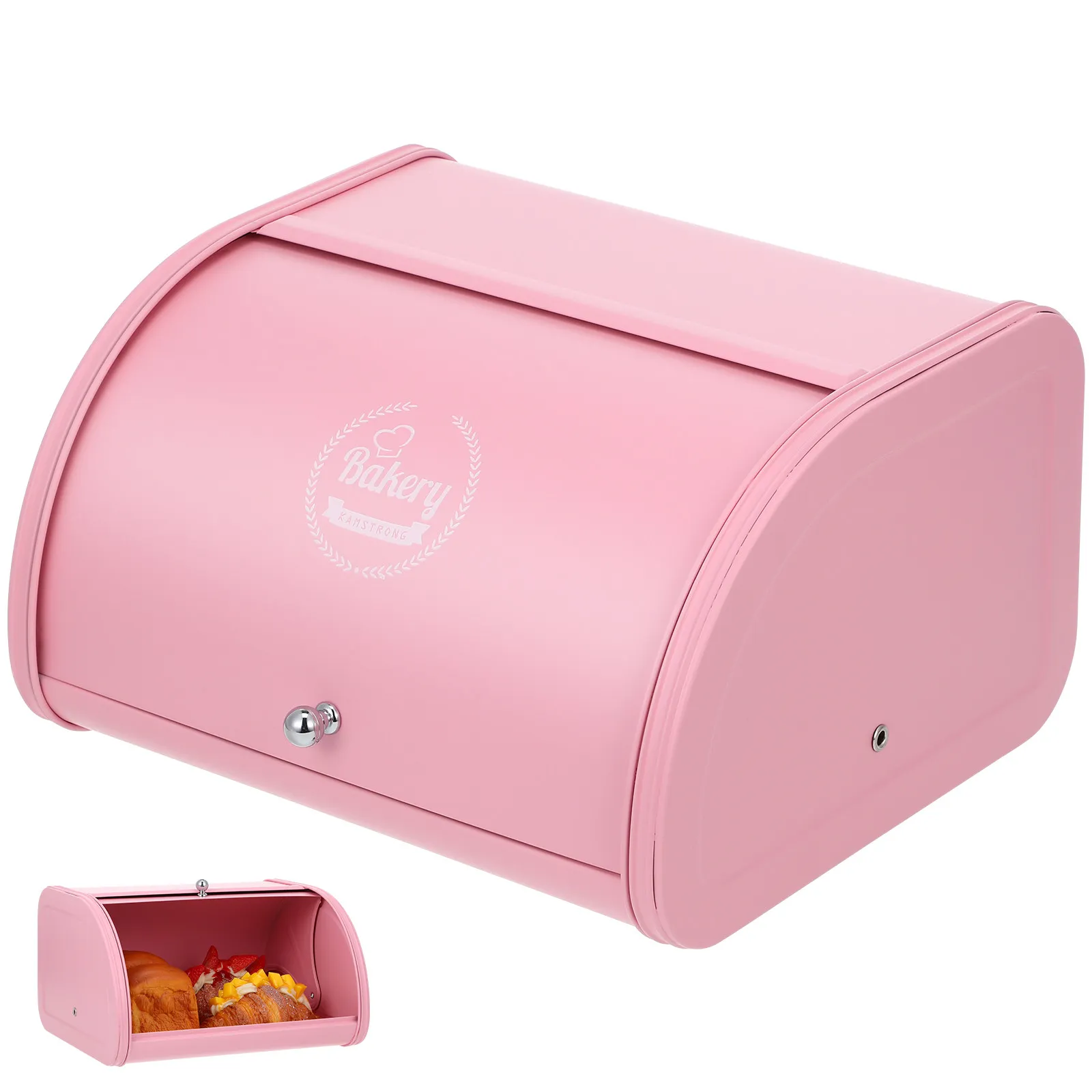 

Premium Iron Bread Box Smooth Rolling Door Storage Bin for Bread Snacks Muffins Kitchen Pantry Organization Rust Resistant Pink