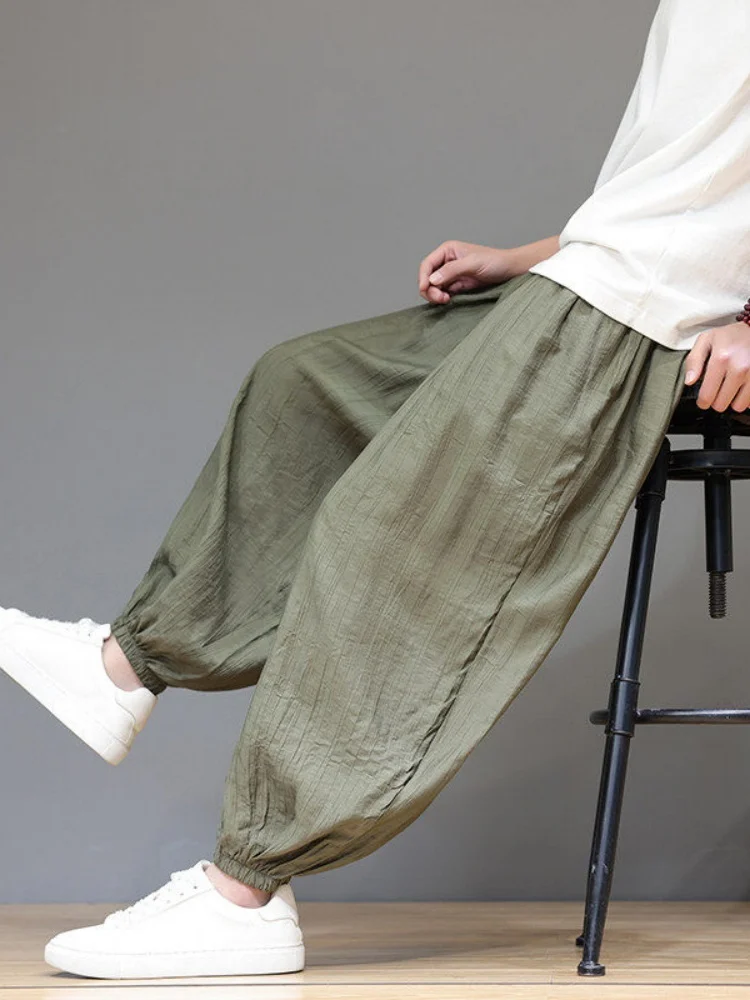 

Мужские летние тонкие брюки из ледяного шелка с манжетами, в стиле Харадзюку, широкие, свободного кроя, больших размеров, модные, в китайском стиле