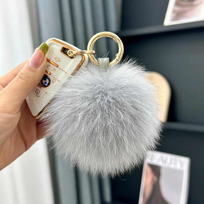 MPPM 11cm Fluffy Real Fox Fur Pompoms Keychain for Women Luxury Pompom Keyring Accessories Fur Bag Charm Jewelry Gifts