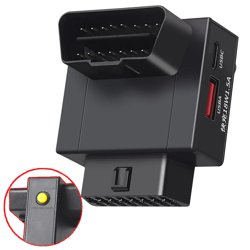 

Автомобильный адаптер 2 в 1, телефон, 18 Вт, быстрая зарядка, USB и двойной порт Type-C, скрытый OBD2, 1 штекер на 2 гнезда, 16 контактов с переключателем