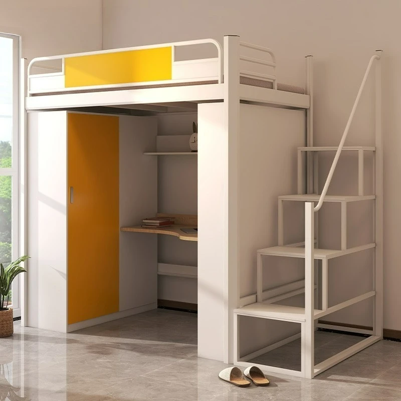 Cama beliche tipo loft com escrivaninha, cama integrada individual e de casal para apartamento, cama para dormitório estudantil com guarda-roupa e escrivaninha