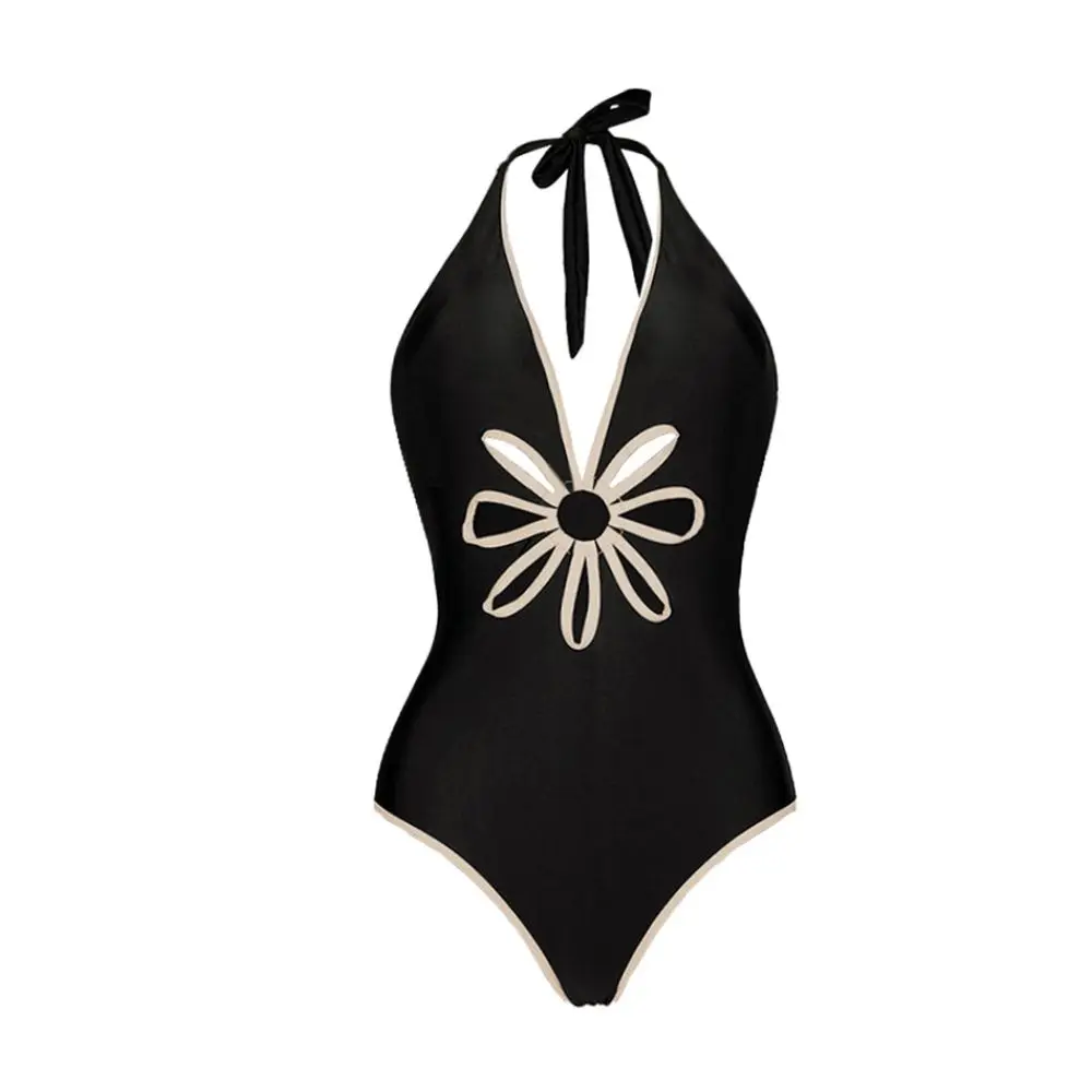 Sexy Petal Hollow Deep V One Piece Swimwear Hanging Neck Color Blocking  Solid Color Bikini 2024 Vacation New Fashion Swimsuit