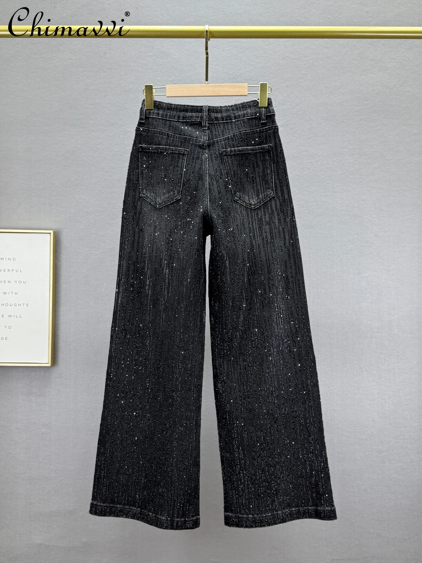 헤비 풀 라인스톤 청바지 여성 와이드 팬츠 2025 가을 신상 하이웨이스트 루즈 슬림 유럽 스타일 롱 팬츠