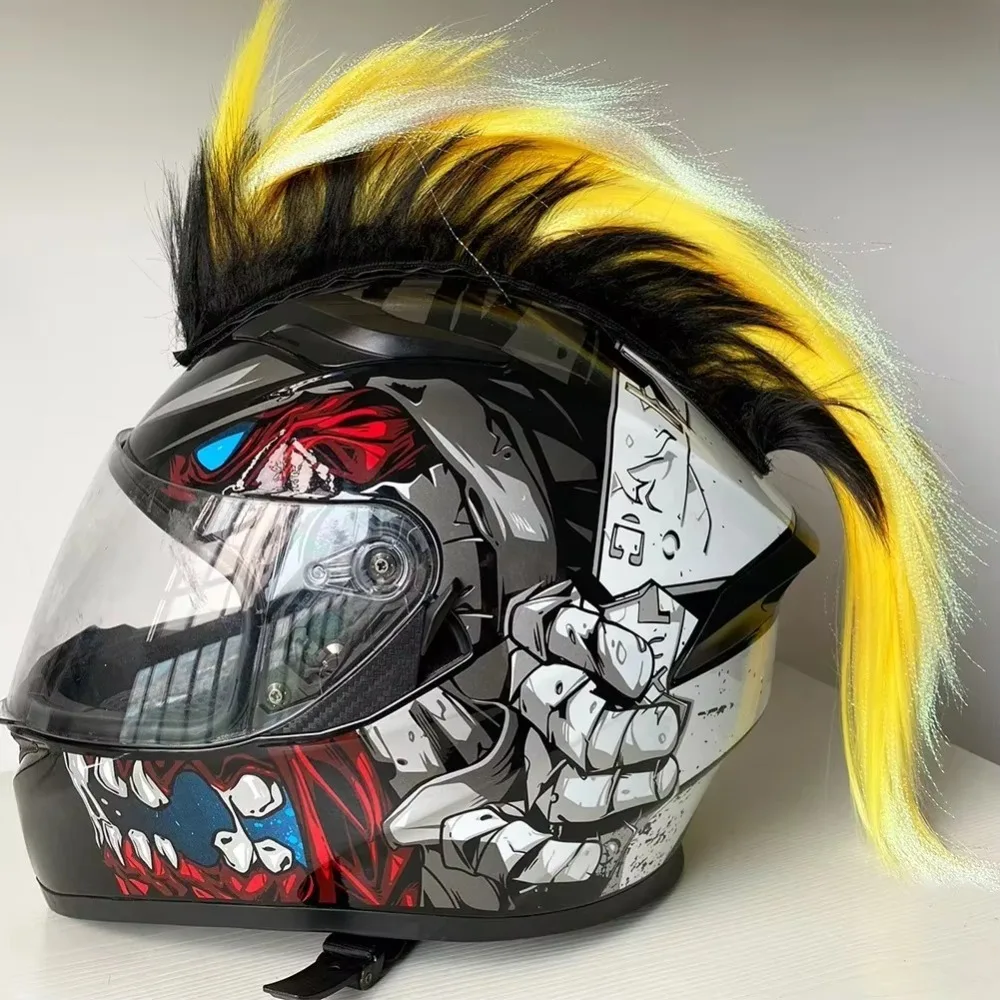 Unique Universal Mohawk Helmet Wig Lightweight Punk Style Motorcycle Helmet Decorations with Magic Sticker Cockscomb Wigs