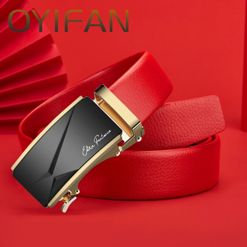 Fashion Business Men\'s Belt Red Genuine Luxury  Belt Metal Buckle Belt High-Quality Leather Soft Belt With Cargo Pants Jeans