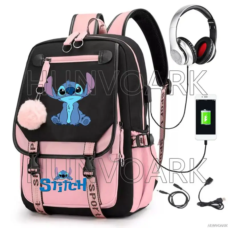 Lilo Stitch Mochilas Escolares para Homens e Mulheres, Unisex, Grandes Sacos de Viagem, Meninas, Estudantes, Patchwork, USB Charge, Laptop Capacity,