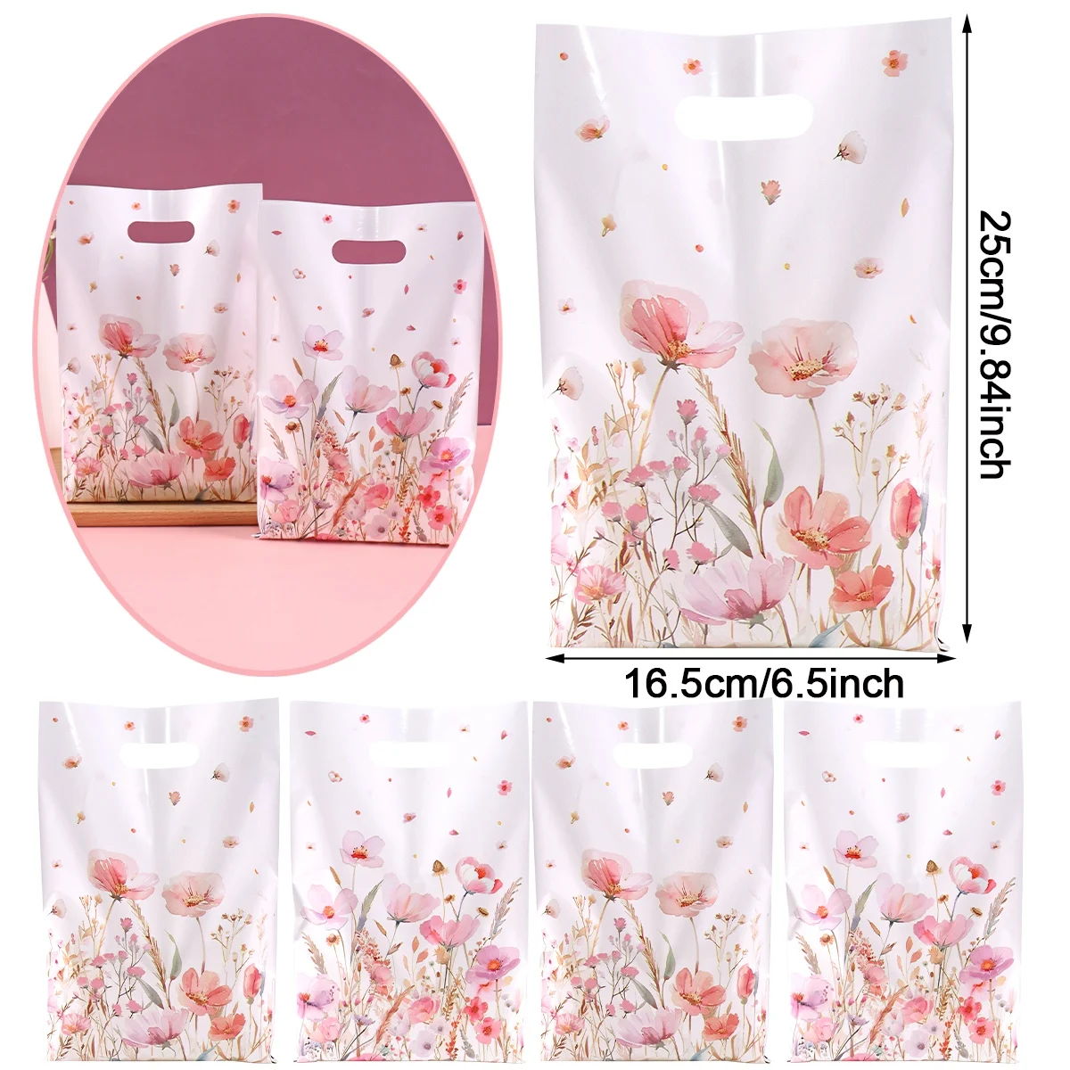 10/20/50 Stück rosa Blumen-Geschenktüten aus Kunststoff mit gemischtem Blumenmuster für Frühling, Sommer, Feiertage, Geburtstagsfeiern, Dekorationen – Detail 2