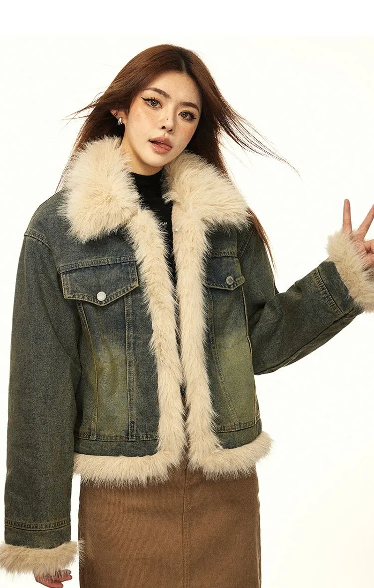 

Denim Coat With Fur And Hood Plush Womens Winter Buttoned Hooded Kawaii Trend Urban Travel Standneck Patchwork Quilted Furry Y2K