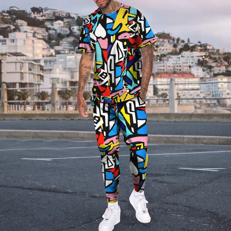 3D Colorful Printed Summer Men'S T-Shirt + Trousers 2 Piece Sets Fashion Street Short-Sleeved Pants Joogers Male Suit Tracksuit