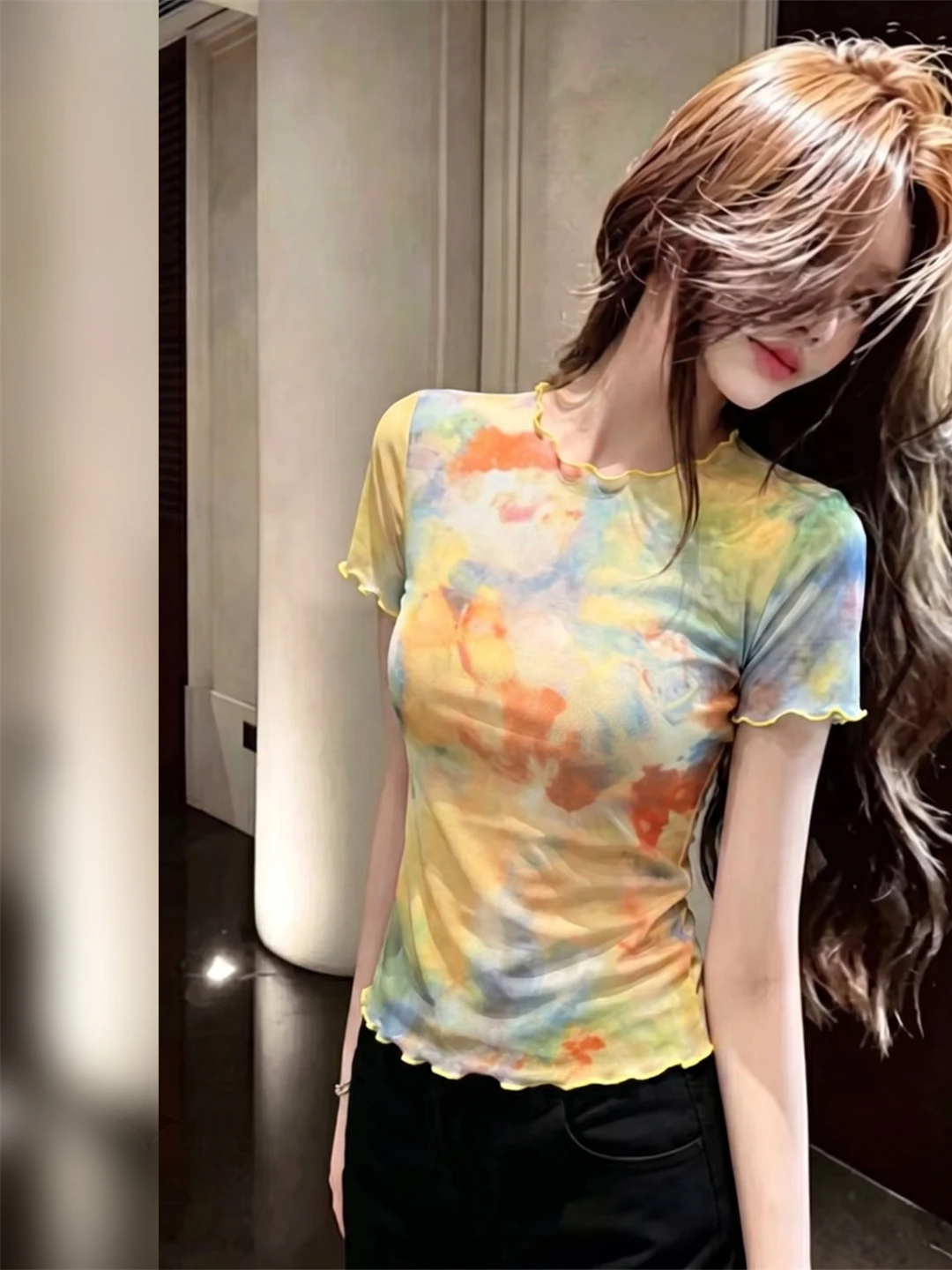 Chic Tied-Dye Contrast Color Summer Top Slimming Shoulder Design Fashionable Korean Style Short Sleeve round Neck Tee