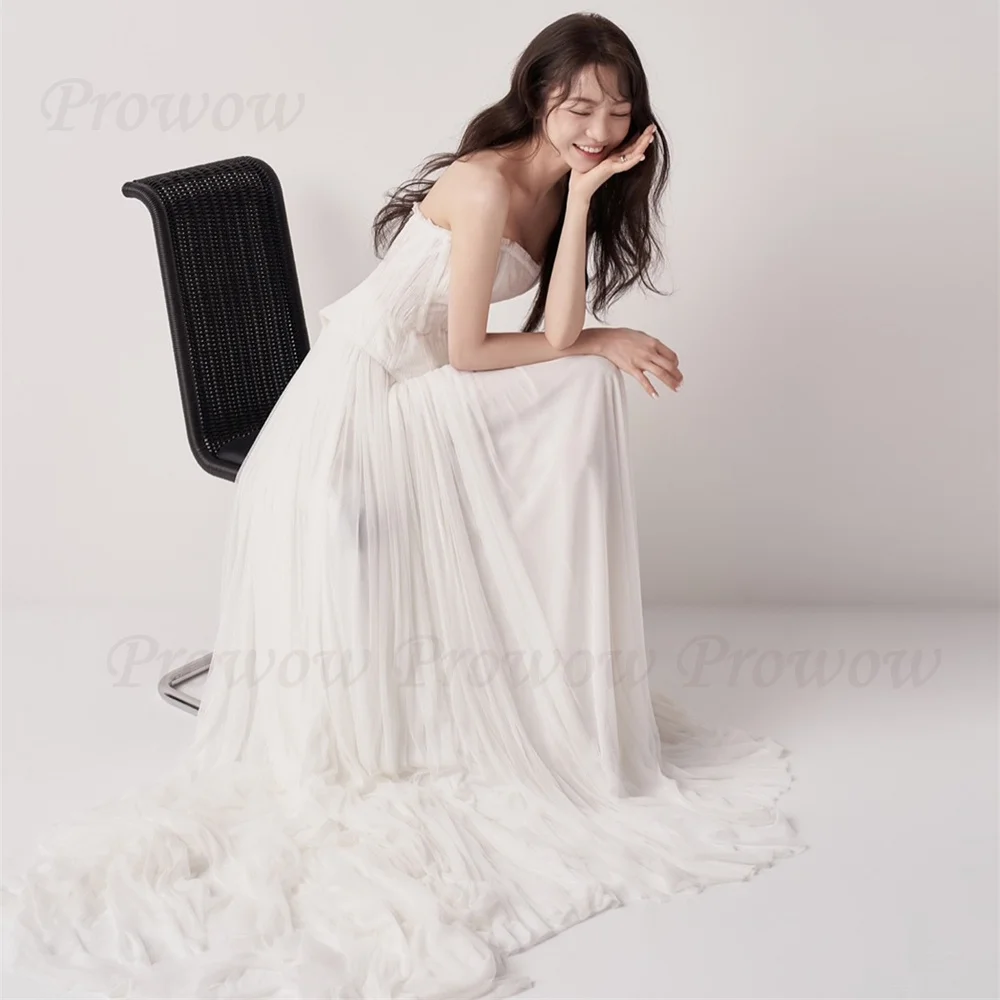 

Prowow Simple Sweetheart Neck Wedding Dress Korea Photo Shoot Ivory Floor Length Bridal Gown Pleated Chiffon Corset Customized