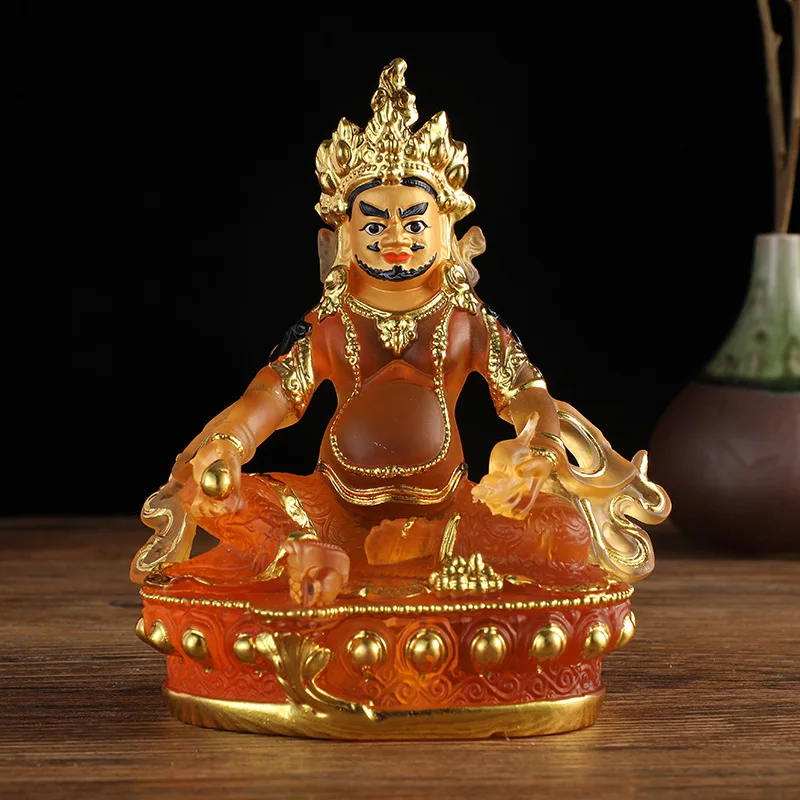 Translucent Water-Glass Yellow Jambhala Statue, Hand-Gilded & Painted Tibetan Dzambhala, Resin Wealth God for Zen Altar, 15 cm