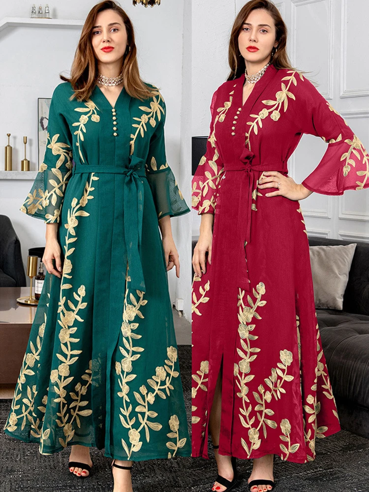 Floral Embroidered Abayas For Women Elegant Muslim Dress Oman Dubai Morocco Kaftan Party Ladies Dresses Ramadan Feminine Clothes