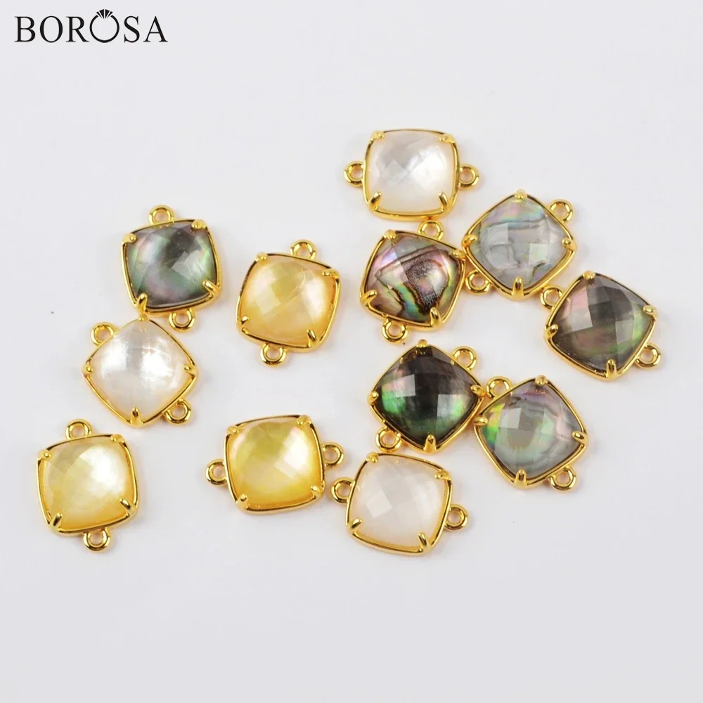 BOROSA 6Pcs Square Golden Plating Rainbow Shell with Glass Covered Connector Gild Bezel Faceted Double Charms Women Jewelry