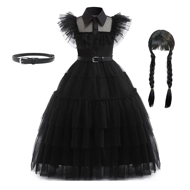 Wednesday Addams Cosplay for Girl Costume Kids Party Dresses Wig Carnival Easter Halloween Christma Party Costumes 3-14 Years